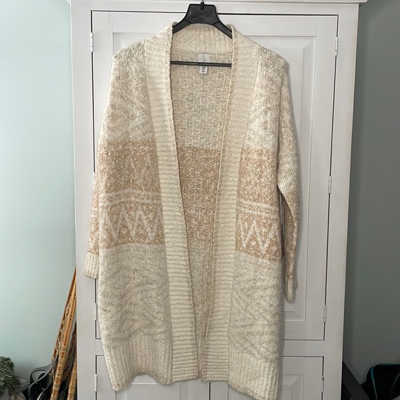 Joie Longline Nordic Cream & Tan Wool Blend Duster Cardigan Sweater Medium - Picture 2 of 7